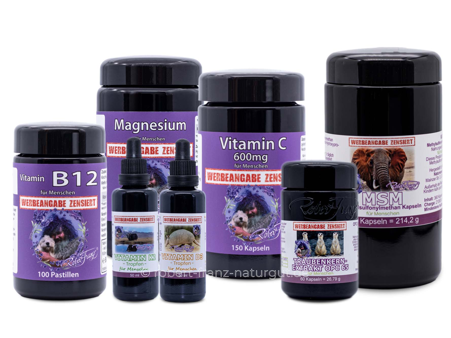 Robert Franz Grundpaket (B12 Pastillen, OPC 65, D3 Tropfen, K2 Tropfen, MSM Kapseln, Magnesium Tabletten, Vitamin C 600)